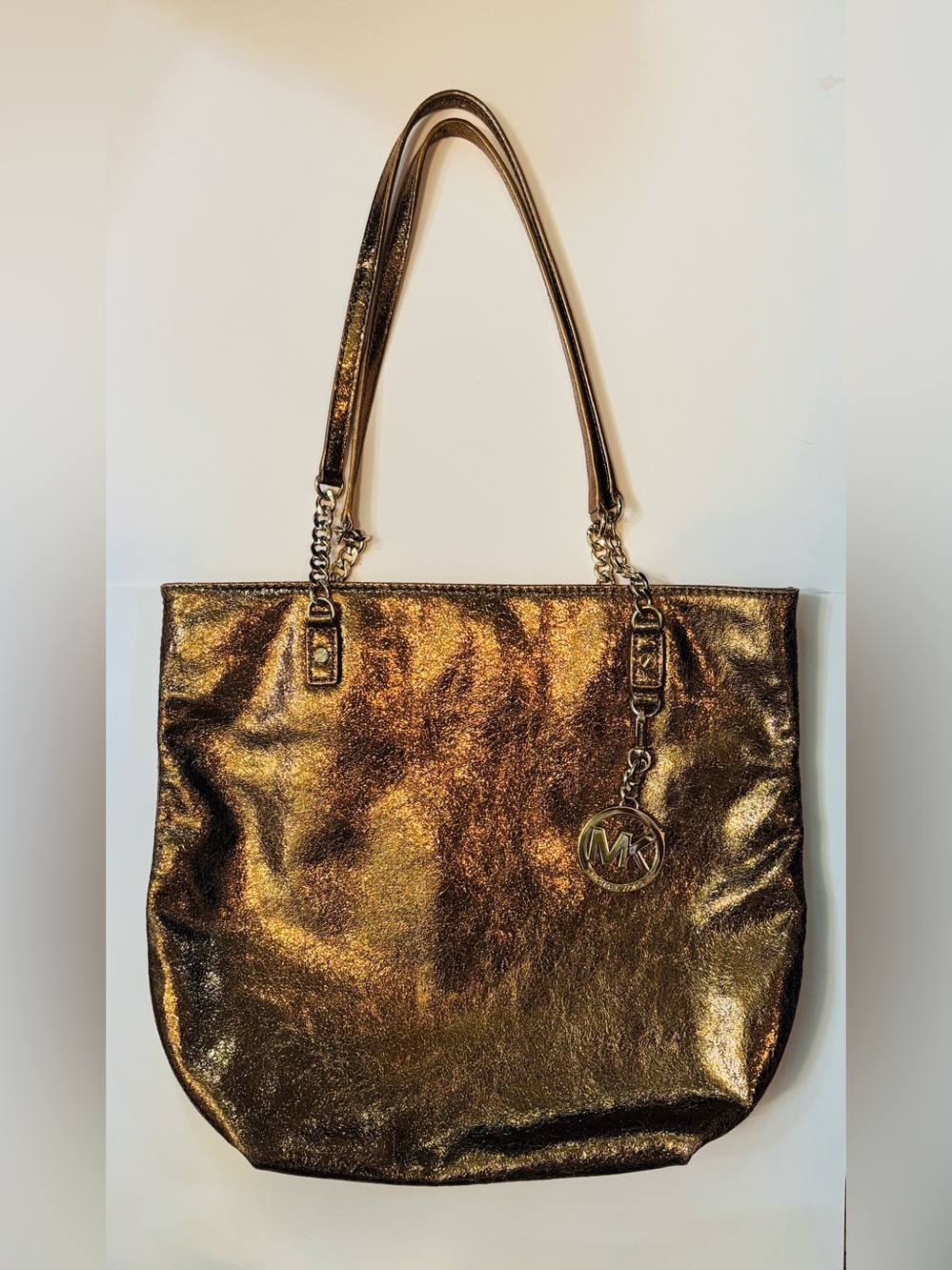 Michael Kors Metallic Gold Bronze Chain Leather Tote Bag RARE